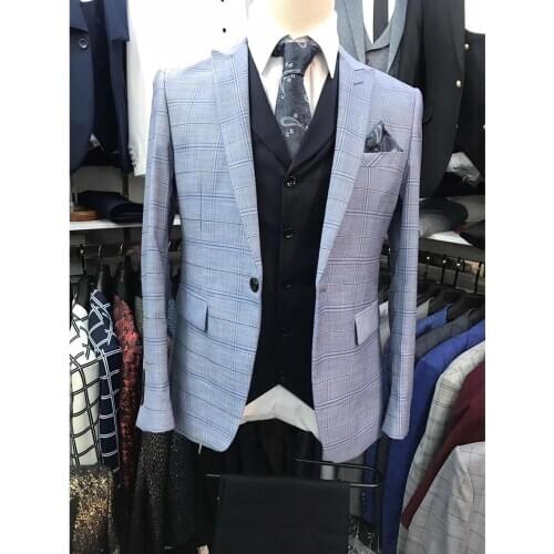 2020 Plaid Men Suits 3 Pieces Slim Fit Groom Wedding Suits Man Business Blazer Dress Tuxedo Grey Jacket Pants Black Vest Set