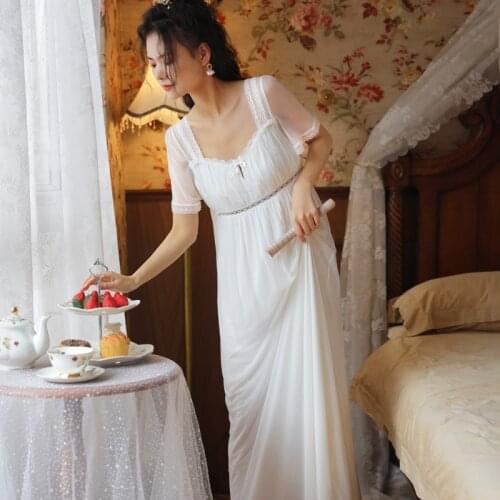 Victorian Nightgowns Women Vintage White Long Night Dress Lace Mesh Fairy Sleepwear Elegant Ladies Nighty Home Negligee Peignoir