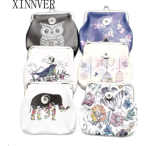 New 6 Colors 18MM Snap Buttons Jewelry Elephant Owl Coin Purses Anime Wallets Pouch Kids Girl Womens Money Bags For Gift ZN020