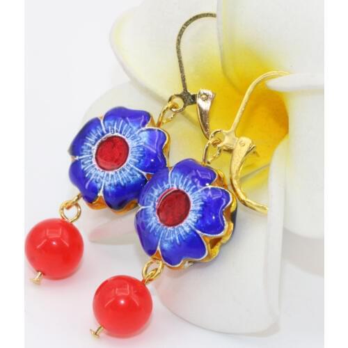 New fashion factory outlet gold-color flower cloisonne long drop dangle earrings red jades pierced earrings women jewelry B2605