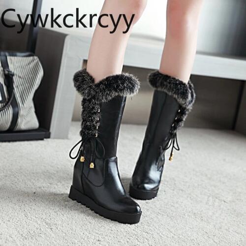 Winter The New Rabbit hair fashion Round head Increase within snow boots College style Leisure Keep warm High heel Women boots