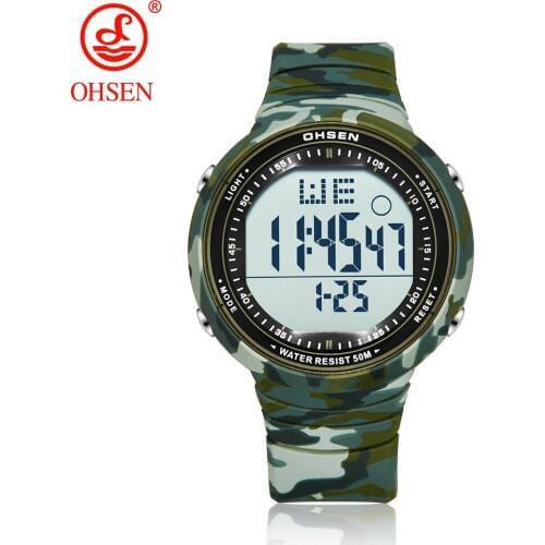 OHSEN Digital LCD Sport Men Wristwatch Relogio Masculino 50M Diving Silicone Band Fashion camouflage Green Army Sport male Watch