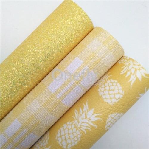 Onefly 21X29CM Yellow Glitter Fabric, Pineapple Tartan Printed Faux Leather Fabric Sheets For Bow DIY handbags shoes BQ038