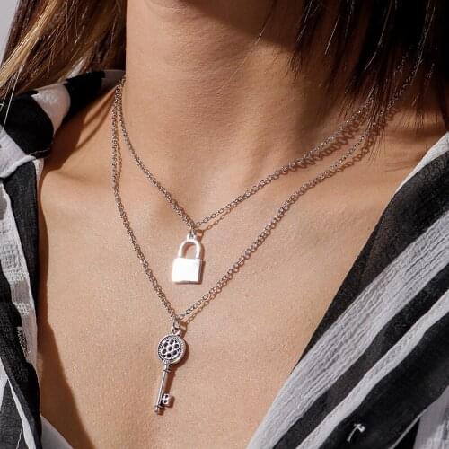 Punk Metal Hollow Key Lock Pendants Necklaces for Women Gold Silver Color Multi- Layer Chain Necklace Female Jewelry Accessories
