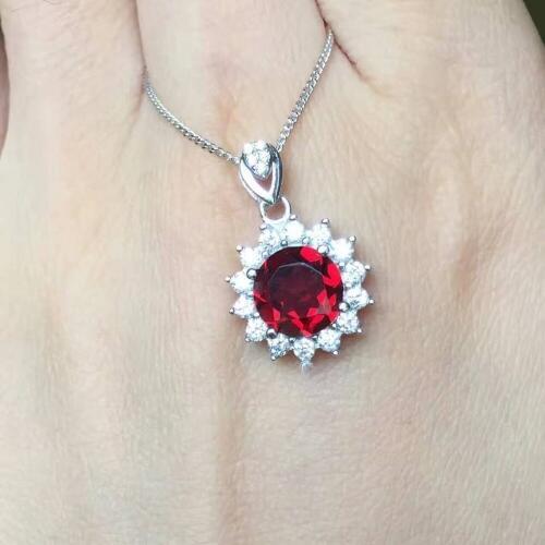 Natural red garnet stonependant S925 silver Natural gemstone Pendant Necklace trendy Round Diana Princess women party jewelry