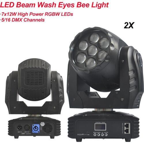 2Pcs/Lot New LED Mini Bee Eye Moving Head Light 7x12W RGBW 4IN1 Professional Stage Wash Light DJ DMX512 Disco Beam Effect Lights