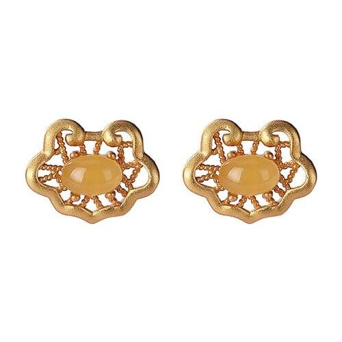 925 sterling silver gold plated Natural amber beeswax Ear studs Retro Personality Hollow out Ruyi Ladies Temperament Earrings