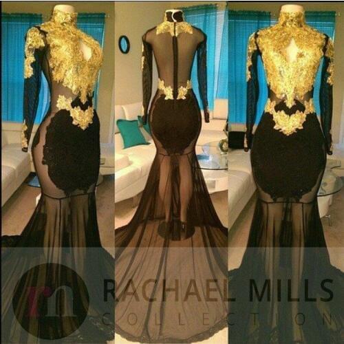 Sexy Black Mermaid Prom Dresses New High Neck Sheer Long Sleeves Gold Lace Appliqued Hollow Out Sexy Illusion Bodices Long