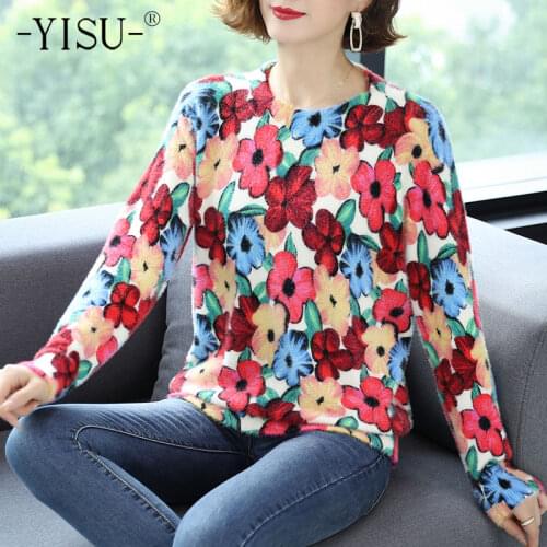 YISU Imitation mink Sweater Women Sweater 2020 Thicken Warm Female Pullover Fashion Jumper Tops Floral Printed Knitted pullover
