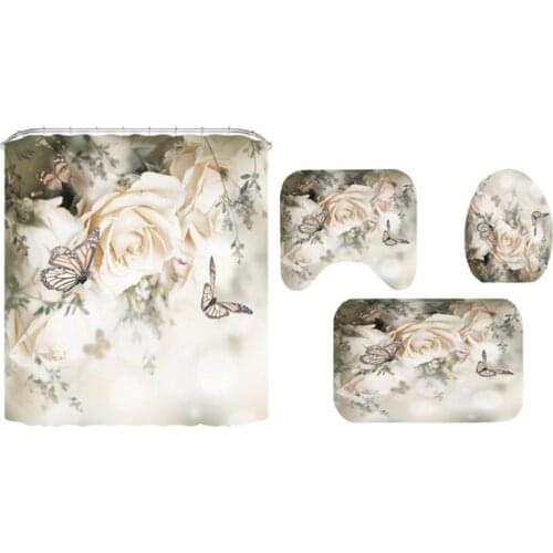 Roses Butterfly Flower White Shower Curtains Printed Floral Waterproof Polyester Bathroom Curtain for Bathtub Decor