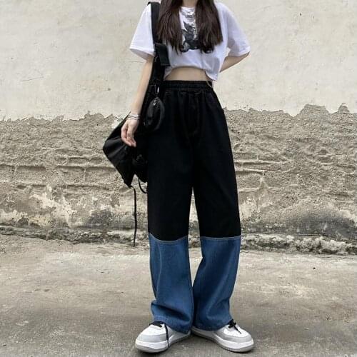 Womens Jeans Retro High Waist Wide Leg Pants Harajuku Stitching Straight Waist Loose Denim Pants 2021 New Y2K Streetwear