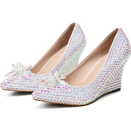 Womens Wedding Shoes AB Rhinestone Pumps Wedges Bridesmaid Party Dress Shoes Pointed Toe Ladies Shiny Crystal Flower High Heels