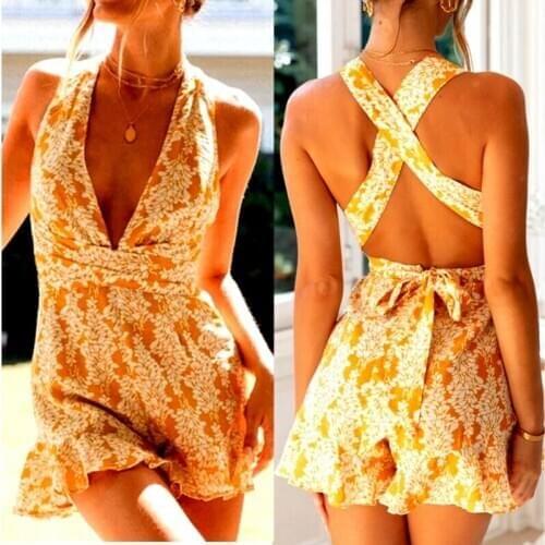 Womens Holiday Mini Playsuit Jumpsuit Summer Beachwear Dress Fashion Casual Sexy Deep V-Neck Backless Sleeveless Bikini Swimwear