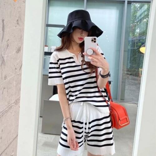 Women Tracksuits Loose Striped Knitted Suits Summer New Lapel Short Pullover Tops High Waist Wide Leg Shorts Sports 2 Piece Sets