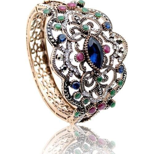 Sunspicems Vintage Cuff Bracelet Turkish Women Flower Bangle Full Rhinestone Wedding Jewelry Retro Gold Color Pulseiras Feminino