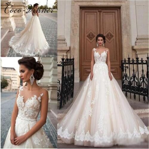 Illusion Back Embroidry Arab Wedding Dress vestido de novia Lace Appliques Beaded Princess Tulle Wedding Dresses W0047