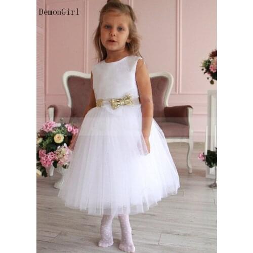 White Tulle Flower Girl Dress O Neck Knee Length Sequined Bow Kids Clothes Little Princess Birthday Dress Christmas Gowns