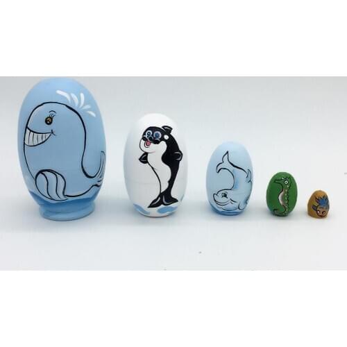 5Pcs/Set Wood Russian Nesting Dolls Animal Dolphin Hand Painted Dolls Matryoshka Kids Toy Gift Crafted Doll Home Decor