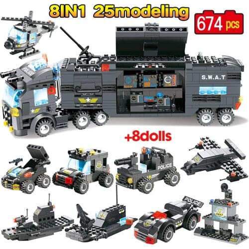 City Police Station Military WW2 Car Headquarters Building Blocks Technical SWAT Truck Figures Bricks Toys For Kids Gifts