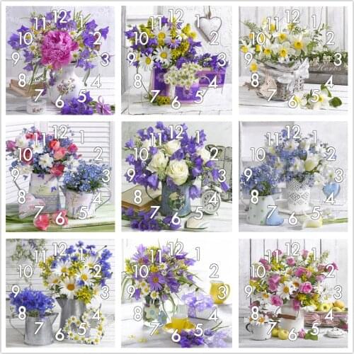 Dpsprue Full Diamond Painting Cross Stitch With Clock Mechanism Mosaic 5D Diy Square Round Flower Vase 3d Embroidery Gift HG124