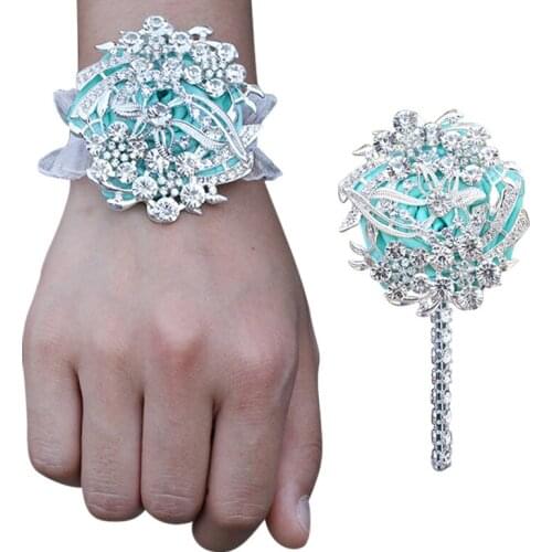Exquisite Rhinestone Bridal Wrist Flower Elastic Bracelet Luxury Mens Corsage Suit Business Party Wedding Supplies T062