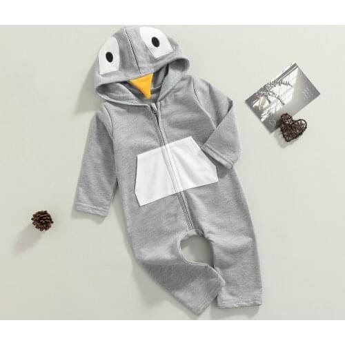 Infant Baby Romper, Boys Cartoon Long Sleeve Hooded Jumpsuit Playsuit With Zipper For Spring Fall, Gray, 3-18 Months 2021