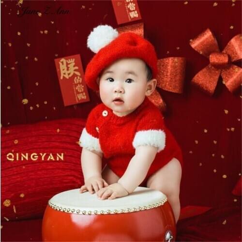Baby studio clothing children photography set christmas new year handmade knitted hat+bodysuit studio shooting props