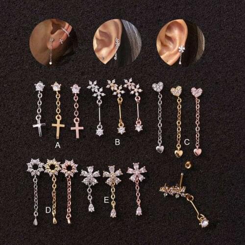 1Pc Korean Fashion Piercing Jewelry Women Earrings Pendant Stainless Steel Flower Double-sided Thread Earrings Studs