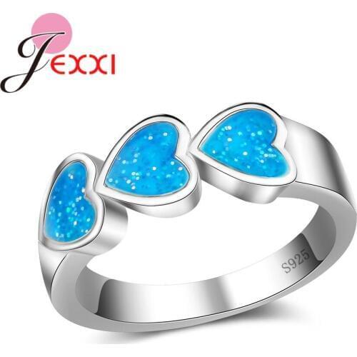 Top Sale Promotional 3 Hearts Rings for Women Gift Solid 925 Sterling Silver Mystic Rainbow Blue Fire Opal Stones Jewelry