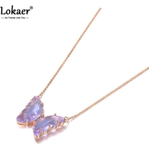 Lokaer Original Design Rose Gold CZ Crystal Butterfly Charm Pendant Necklaces For Women Trendy Titanium Steel Necklace N20178
