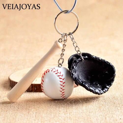 Mini Simulation Three-piece Baseball Glove Wooden Bat Keychain Sports Car Charm Key Chain Key Ring Gift For Man Women wholesale