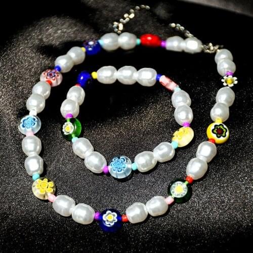 MIQIAO Color Pearl Elastic Glass Beads Bangle Chains Bracelet Pendant Collar Necklace Jewelry Sets for Women Wedding Friends Gif