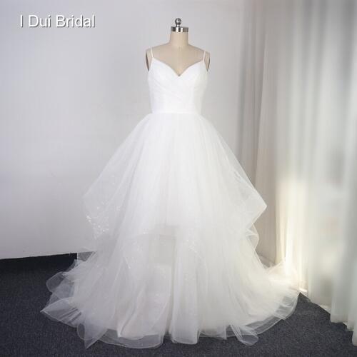 Spaghetti Strap Tiered Wedding Dress with Sequin Ruffle Layers Spaghetti Strap Bridal Gown