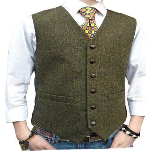 Mens Suit Vest V Neck Wool Herringbone Tweed Casual Waistcoat Formal Business Vest Groomman For Wedding