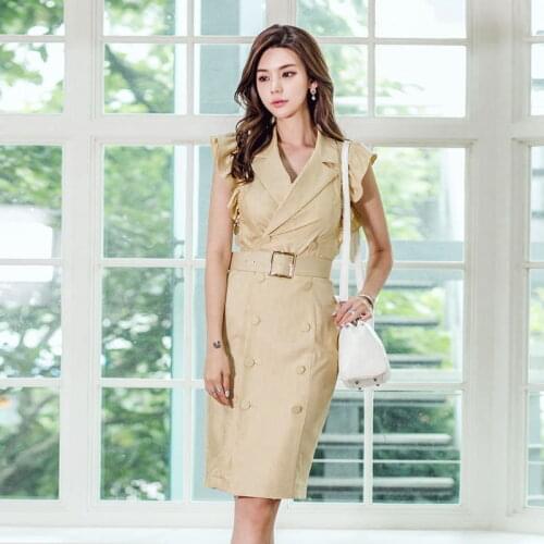 New Plus Size Women OL Work Office Dress Summer Corset Sleeveless Ruffle Bodycon Dress Women Midi Wrap Lady Dress Robe Femme