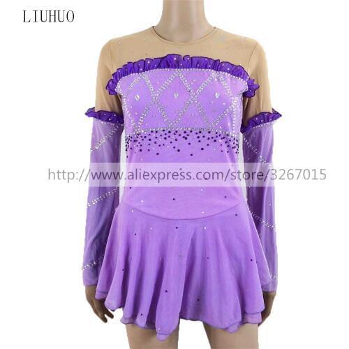 Figure Skating Dress Womens Girls' Ice Skating Dress Competition clothing Light purple round neck long sleeve Handmade