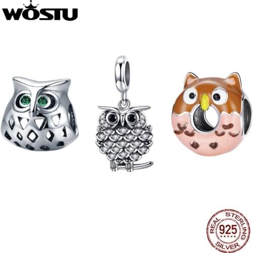 WOSTU 925 Sterling Silver Owl Charm Cute Animal Bead Halloween Pendant Fit Original Bracelet Necklace DIY Jewelry