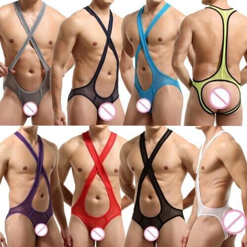 Sexy Mesh Men Undershirts Leotard Jockstrap Wrestling Singlets Gay Underwear Erotic Open Butt Bodysuits Fetish Catsuit One-piece