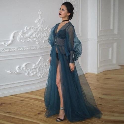 Sexy See Thru Teal Bridal Night Gowns Buttons Puff Sleeves Split Long Tulle Mesh Maternity Robe Women Dress Photoshoot