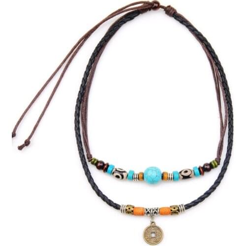 Vintage Necklace Ancient Tribe Man Adjustable Hemp Black Turquoise Bead Choker