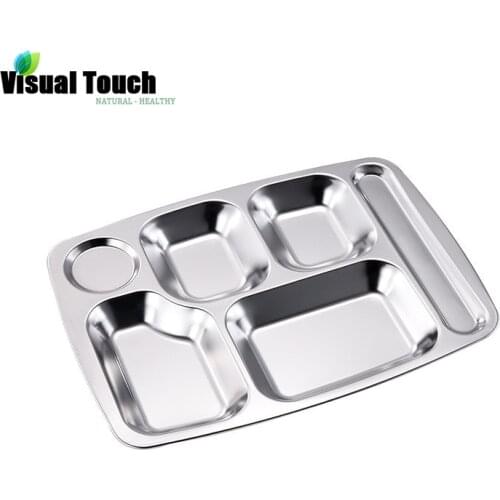 Visual Touch 1PC Stainless Steel Student Tray Divided Dinner Lunch Container Food Plate School Canteen 6 Section Dinner Plate