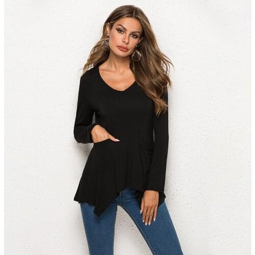 2019 Summer T Shirt Large Sizes Women T-shirt Solid V Neck Long Sleeve Irregular Hem Long tshirt Casual Top female Tunic