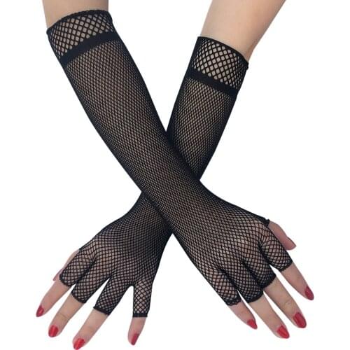 Women Fishnet Half Finger Long Gloves Ladies Girls Neon Sexy Long Fingerless Fishnet Lace High Elasticity Gloves Punk Mitten D6