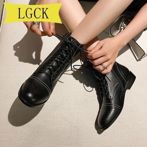 Plus Size 34-43 Genuine Leather Ankle Boots Women Autumn Winter Lady Low Square Heels Cross Strap Shoes Woman Motorcycle Boots