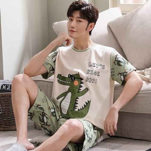 Plus Size Shorts Casual Men Sleepwear Summer Men Pajamas Set Funny Dinosaur Cartoon Print Short-sleeve Patchwork Cotton Homewear