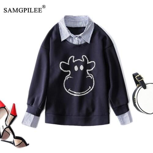 Female Sweatshirt 2021 New Korean Style Fake Two-piece Cute Cartoon Pattern Peter Pan Collar Autumn Sweetshirts For Women 4XL