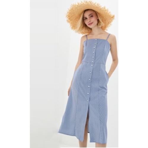 Ladies Summer Casual Blue Spaghetti Strap Dress Single Breasted Sleeveless Sheath Split Fork Long Dress 2021 New Fashion Dress