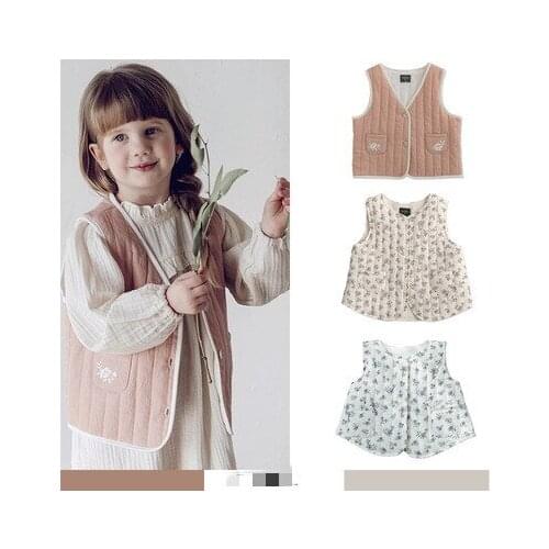 Childrens Clothing for Autumn and Winter 2021 New Mori Girl Childrens Cotton Vest Baby Embroidered Quilted Floral Warm Vest