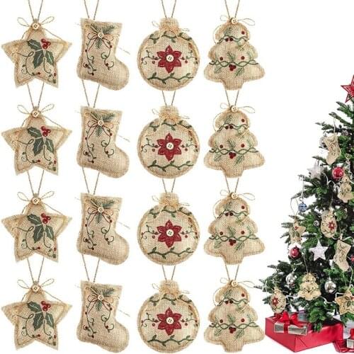 16 Pcs Christmas Burlap Tree Hanging Decoration Christmas Stocking Tree Ball Shaped Decor For Christmas Party,4 Styles