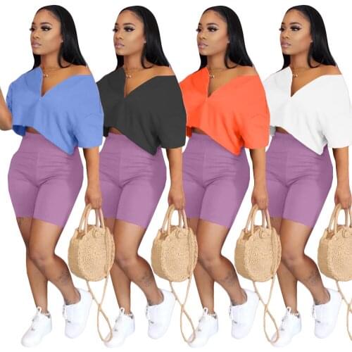 2020 Summer Women Sportwear Tracksuit Short Sleeve Lapel Zipper Top+ Elastic Short Pants Pure Color Two Piece Sets Home Apparel
